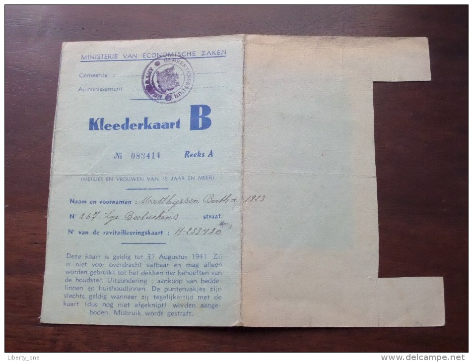 KLEDERKAART B ( Matthijssen Bertha Antwerpen 1923 - N° 083414 Reeks A ) ( Zie Foto´s Voor Details) ! - Documents