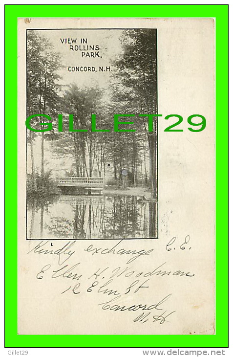 CONCORD, NH -  VIEW IN ROLLINS PARK - TRAVEL IN 1906 - UNDIVIDED BACK - - Concord