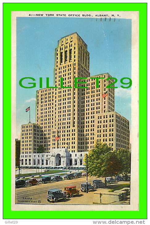 ALBANY, NY - NEW YORK STATE OFFICE BLDG - TRAVEL IN 1937 - ANIMATED OLD CARS - PUB. BY O.S. PULMAN - - Albany