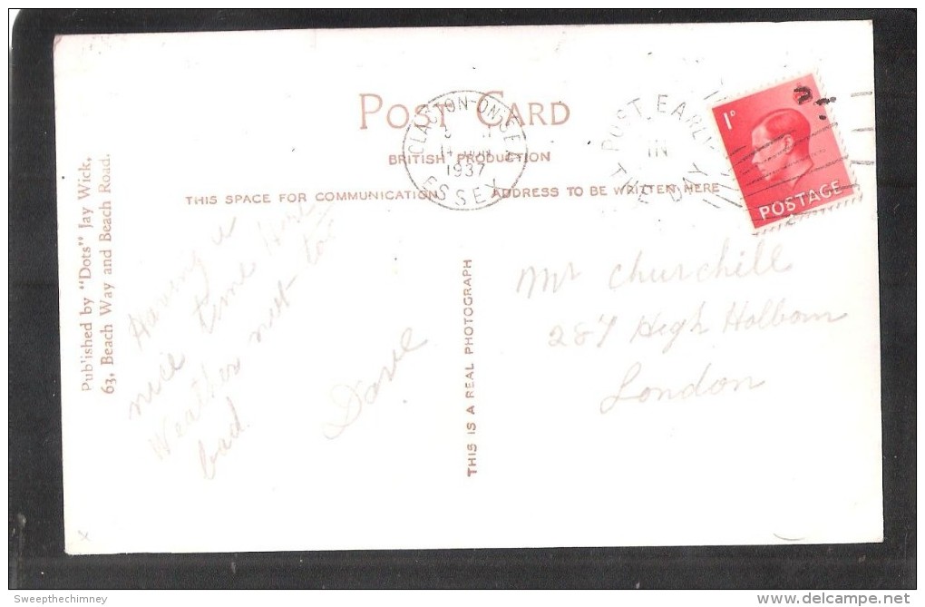 CARD MAYBE SENT TO WINSTON CHURCHILL  ??? JAYWICK SANDS USED 1937 CLACTON ON SEA ESSEX OLD POSTCARD - Autres & Non Classés