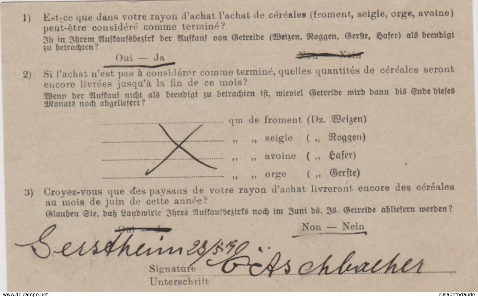 1919 - RARE CARTE TYPE SEMEUSE Avec REPIQUAGE BILINGUE FRANCAIS/ALLEMAND De GERSTHEIM (CACHET PROVISOIRE ALSACE ANNEXEE) - Cartoline Postali Ristampe (ante 1955)