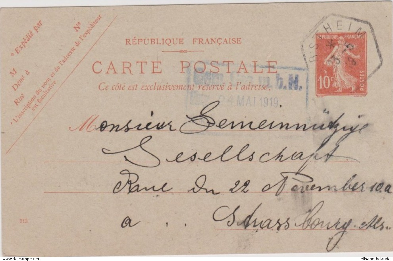 1919 - RARE CARTE TYPE SEMEUSE Avec REPIQUAGE BILINGUE FRANCAIS/ALLEMAND De GERSTHEIM (CACHET PROVISOIRE ALSACE ANNEXEE) - Cartes Postales Repiquages (avant 1995)