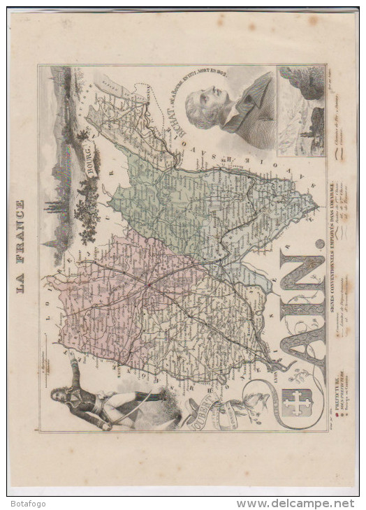 CARTE GEOGRAPHIQUE ET AVEC PAPIER AVEC DIVISION ADMINISTRATIVE DPT 01 AIN - Landkarten