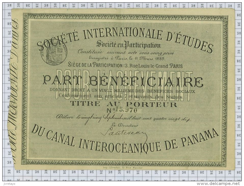 Sté Internationale D'Etudes Du Canal De Panama, , Part Bénéficiaire, Tres Rare - Navy