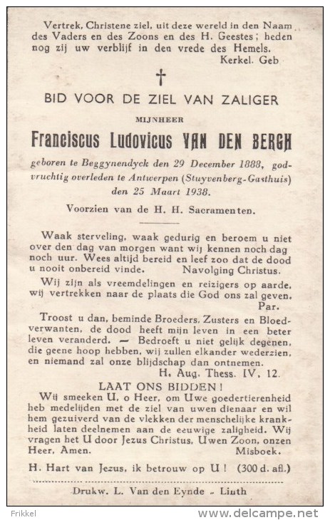 Doodsprentje Met Foto Franciscus Ludovicus Van Den Bergh ° Beggynendyck Begijnendijk 1888 + Antwerpen 1938 - Images Religieuses