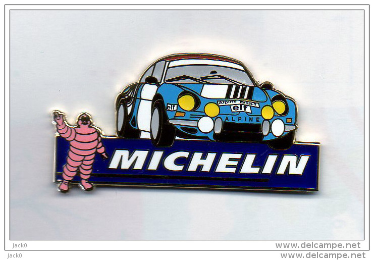 Pin´s  Sport  Rallye, Automobile  Renault  Alpine Bleu  Avec  ELF  Et  Michelin   Le   Bibendum  Rose - Renault