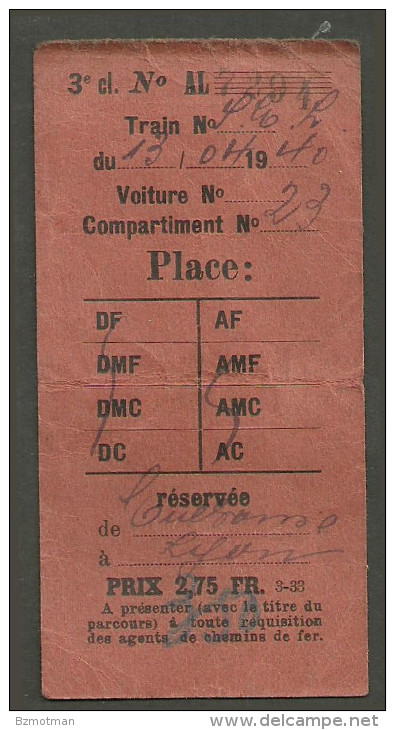 QX435 FRANCE 3rd Class Seat Reservation 1940 - Europe