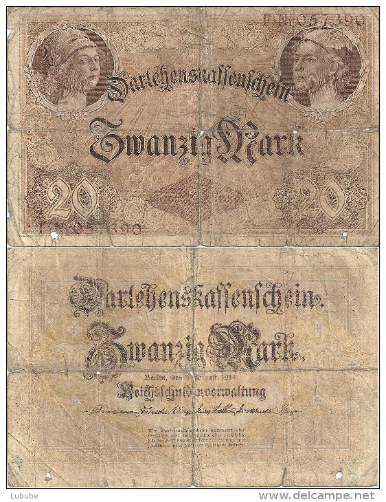 Darlehenskassenschein Der Reichsschuldenverwaltung über 20 Mark          1914 - Altri & Non Classificati