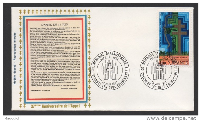 DF / CHARLES DE GAULLE / LETTRE / TP 1941 MEMORIAL / OBL 18 JUIN 1977 COLOMBEY LES DEUX EGLISES / TEXTE DE L' APPEL - De Gaulle (Général)