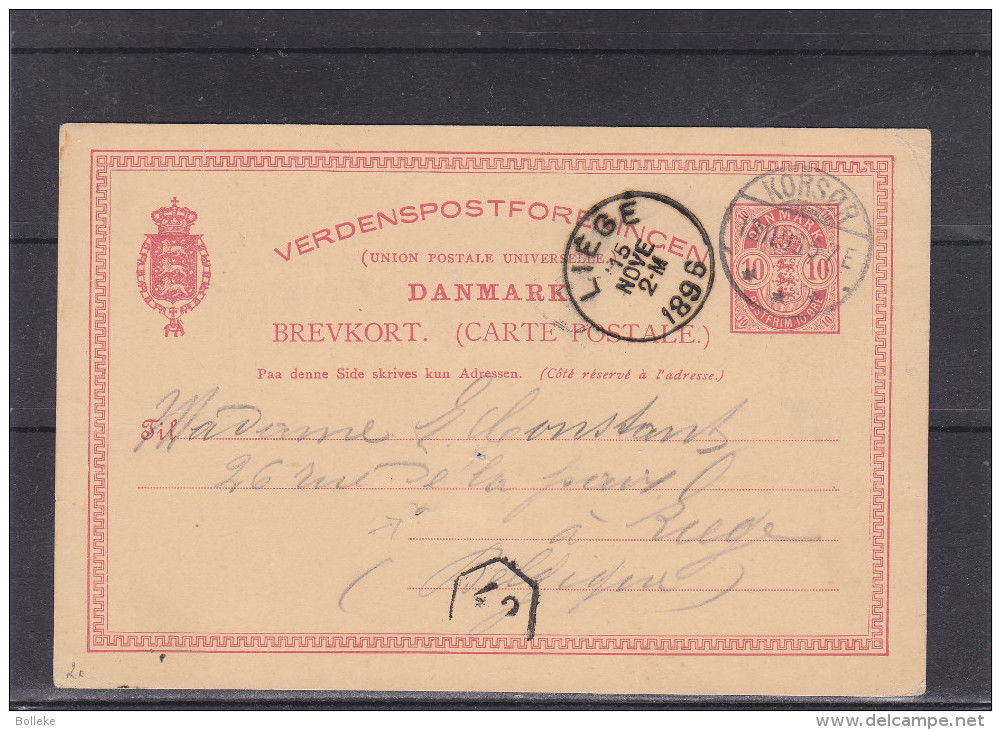 Danemark - Carte Postale De 1896 - Entier Postal - Oblitération Korsor - Expédié Vers La Belgique - Liège - Briefe U. Dokumente