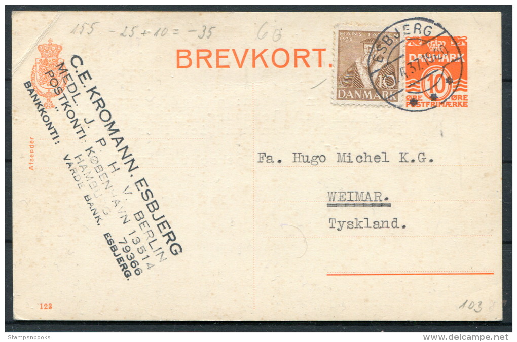 1937 Denmark Esbjerg Uprated Stationery Brevkort - Weimar Germany - Covers & Documents