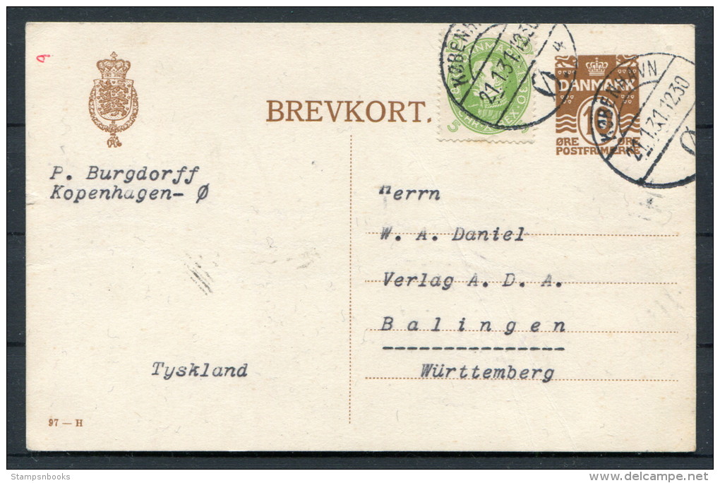 1931 Denmark Copenhagen Burgdorff Uprated 10ore Brevkort - Balingen Wurttemberg - Covers & Documents