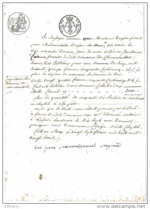 ACTE RECU EN JOUISSANCE CHEPTEL ET FERME 1823 EXPLOITATION AGRICOLE ALLIER - Seals Of Generality