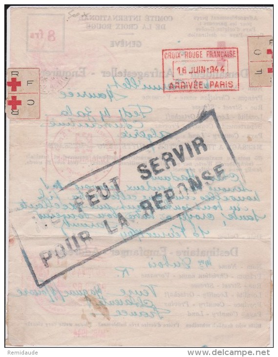 1944 - FORMULAIRE CROIX-ROUGE De CONSTANTINE (ALGERIE) - MENTION "NE PEUT SERVIR POUR LA REPONSE" -DEUTSCHES ROTES KREUZ - Croix Rouge