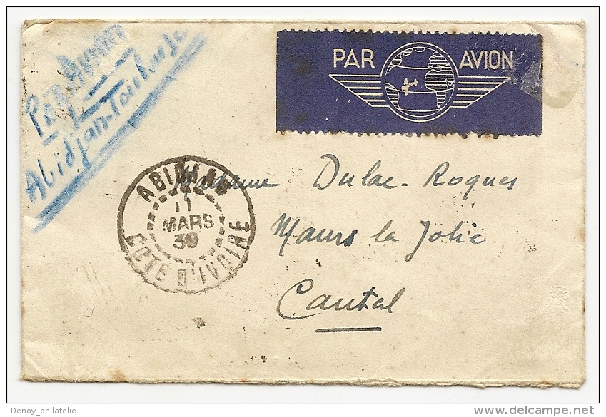 Petite Lettre Carte De Visite Au Depart D´Abidjan Pour Le Cantal  Affranchi A 3 Francs 40 Cts  Avec 4 Timbres - Cartas & Documentos