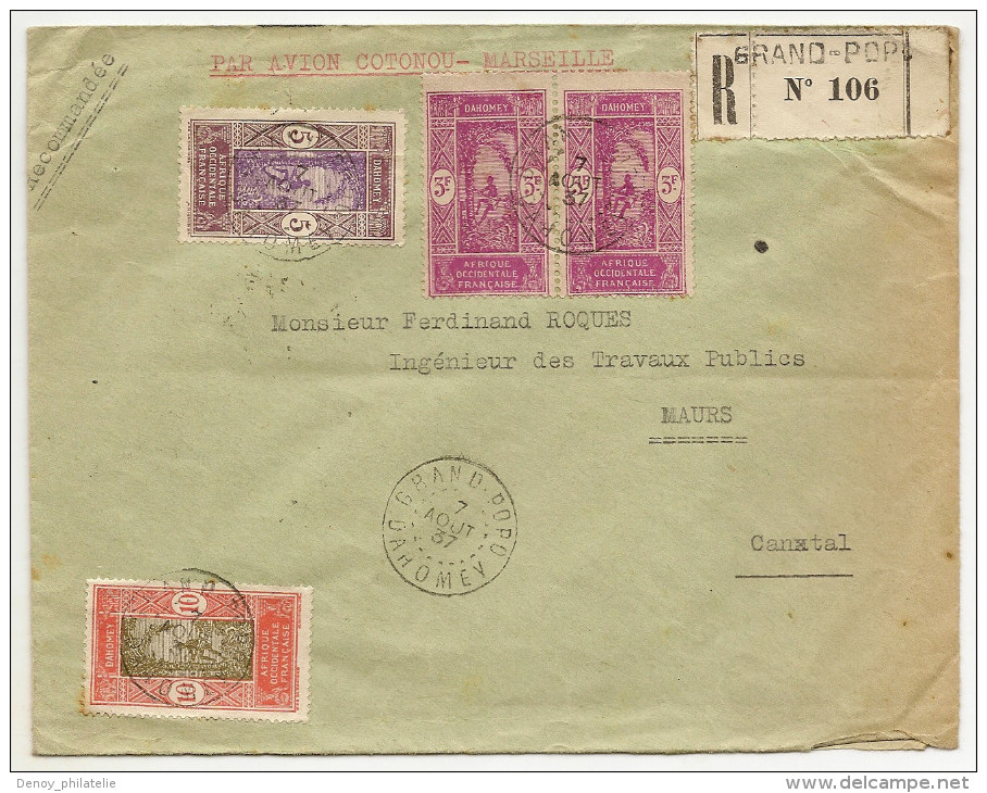 Lettre Recomandée De Grand POPO Par Avion Cotonou Marseille  Du 7 08 1937 Pour Le Cantal - Cartas & Documentos