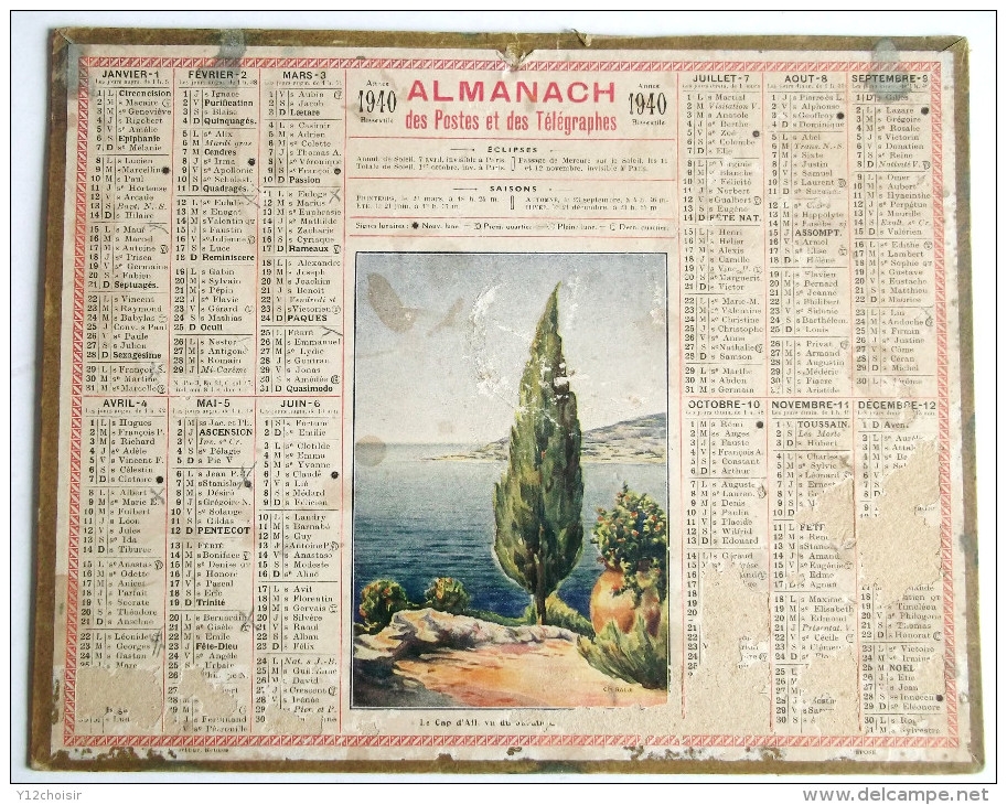 CALENDRIER 1940 ANNEE BISSEXTILE ALMANACH DES POSTES TELEGRAPHES ET TELEPHONES LE CAP D AIL - Grand Format : 1921-40