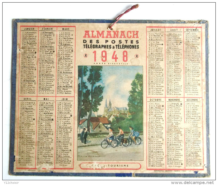 CALENDRIER 1948 ANNEE BISSEXTILE ALMANACH DES POSTES TELEGRAPHES ET TELEPHONES CYCLO TOURISME PIERRE PROBET - Grand Format : 1941-60