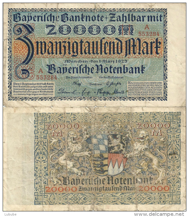 Banknote Der Bayrischen Notenbank über 20'000 Mark          1923 - Other & Unclassified