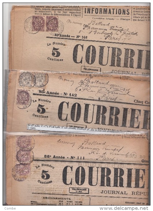 1903.1905.1906, 3 JOURNAUX COURRIER DE L'AIN, TARIF  4C, 4C, 6C, ST JULIEN/S/REYSSOUZE Pour PARIS/ 6000 - Journaux