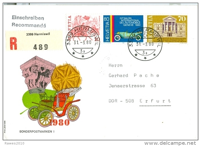 Schweiz Hermisvil R-Brief In Die DDR TGST 1980 80 C. Oldtimer Autosalon Genf + 70 C. Kunstgeschichte - Storia Postale