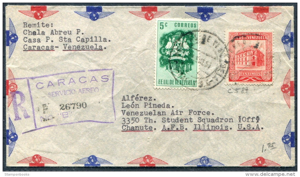 1955 Venezuela Caracas Registered Cover - Venezuelan Air Force Chanute, Illinois USA - Venezuela