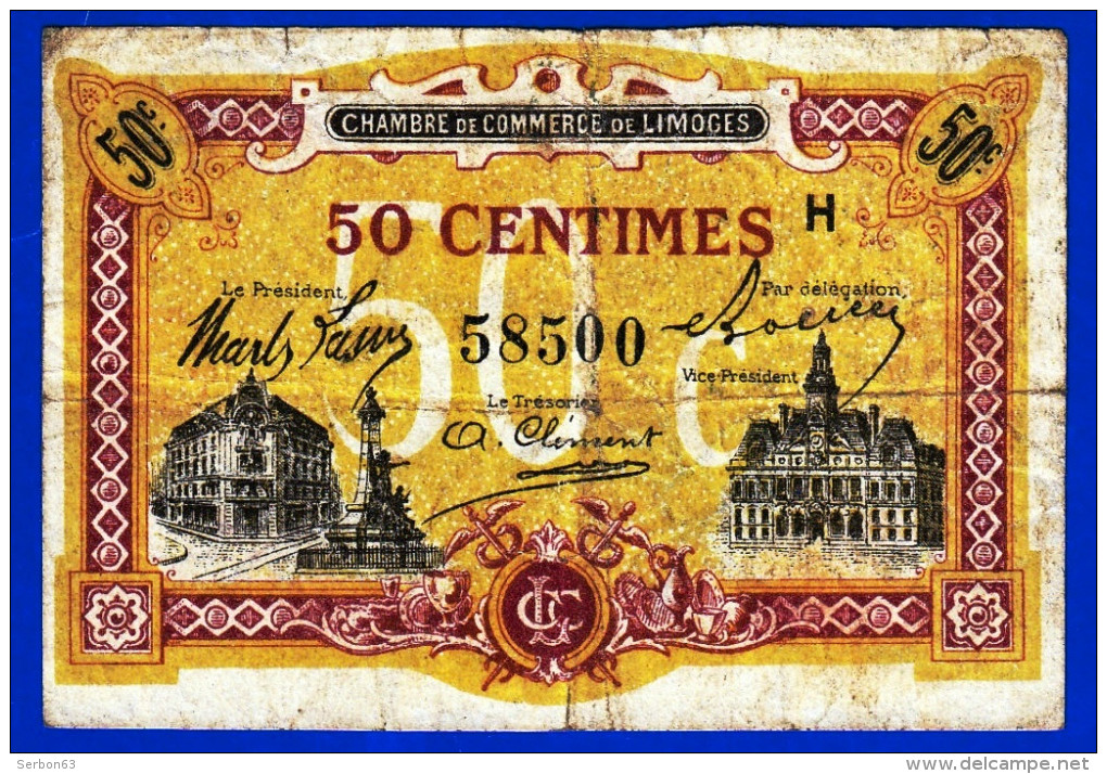 BON BILLET MONNAIE - CHAMBRE DE COMMERCE DE LIMOGES 50 CENTIMES HAUTE VIENNE 87000 DU 1er JANVIER 1923 SERIE H N° 58500 - Chamber Of Commerce