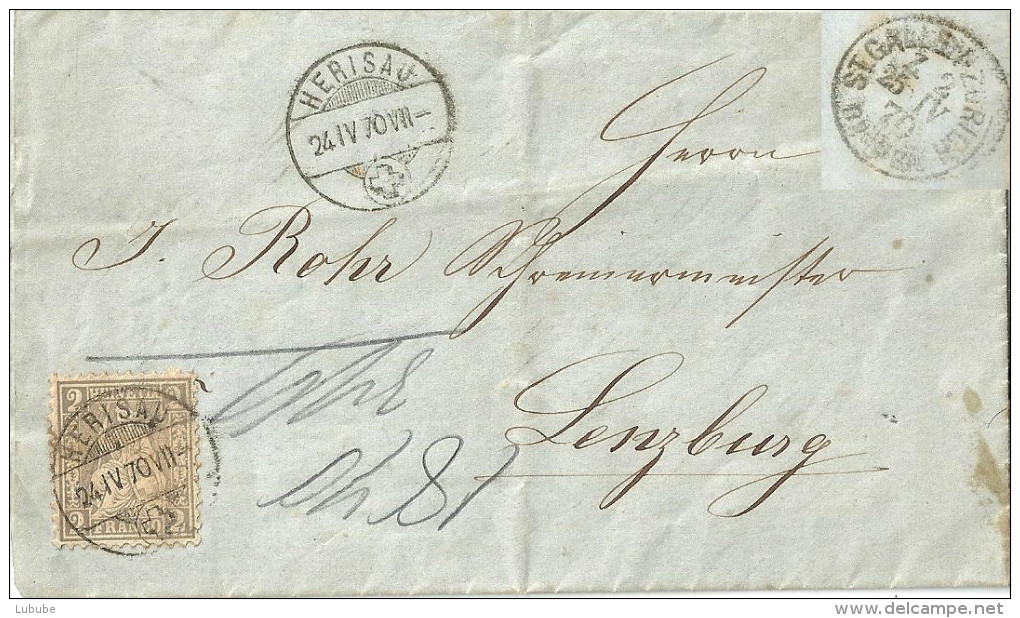 Faltbrief  Herisau - Lenzburg  (Bahnpost)         1870 - Lettres & Documents