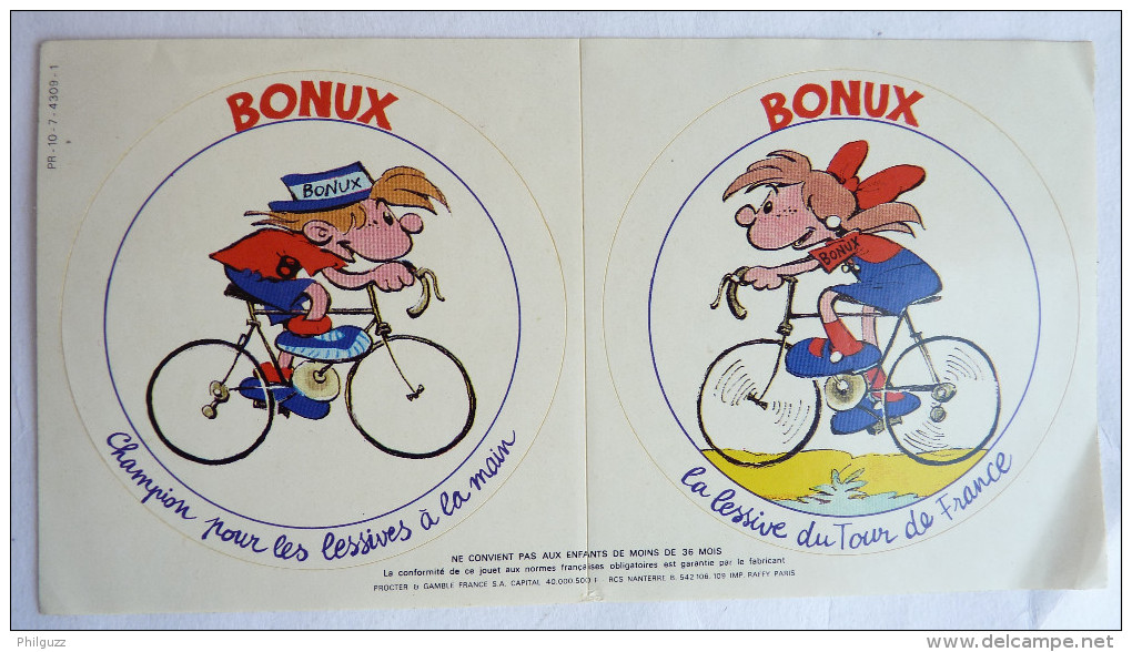 2 TRES RARES AUTOCOLLANT (S) BONUX - BONUX BOY - Bercovici 1982 LA LESSIVE DU TOUR DE FRANCE (lot 1) - Aufkleber