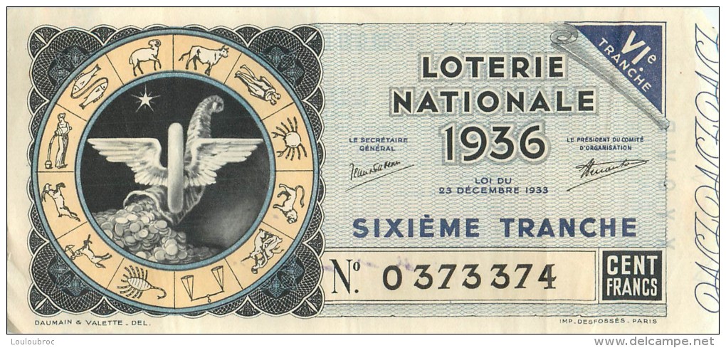 BILLET DE LOTERIE NATIONALE 1936 SIXIEME TRANCHE  VOIR LES 2 SCANS - Billets De Loterie