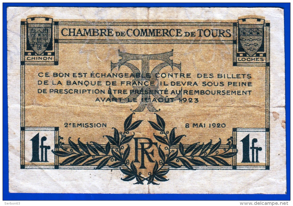 CHAMBRE DE COMMERCE DE TOURS 37 INDRE ET LOIRE 1 FRANC DU 8 MAI 1920 N° 926134 - EMISSION 2 FILIGRANE ABEILLE - Cámara De Comercio