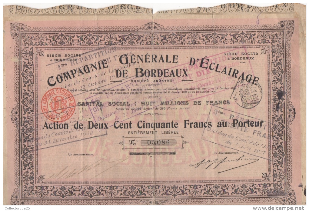 Action De 250 Francs Au Porteur Compagnie Générale D'Eclairage De Bordeaux 1905 - Electricidad & Gas