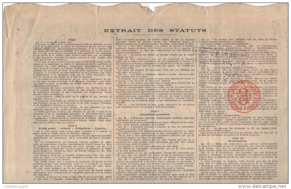 Action De 250 Francs Au Porteur Compagnie Générale D'Eclairage De Bordeaux 1905 - Elektriciteit En Gas