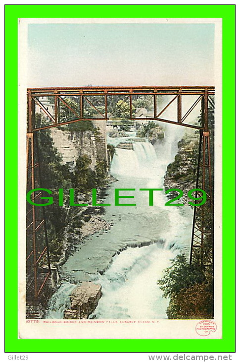 AUSABLE CHASM, NY - RAILROAD BRIDGE AND RAINBOW FALLS - 1905, BY DETROIT PHOTOGRAPHIC CO - PHOSTINT CARD - - Lake George