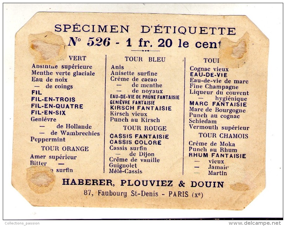 SPECIMEN D´étiquette , CASSIS COLORE , HABERER , PLOUVIEZ & DOUIN , Paris , 2 Scans - Autres & Non Classés