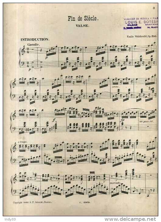 - PARTITION MUSICALE . FIN DE SIECLE (valse) . PAR E. WALDTEUFEL . 1892 . - V-Z