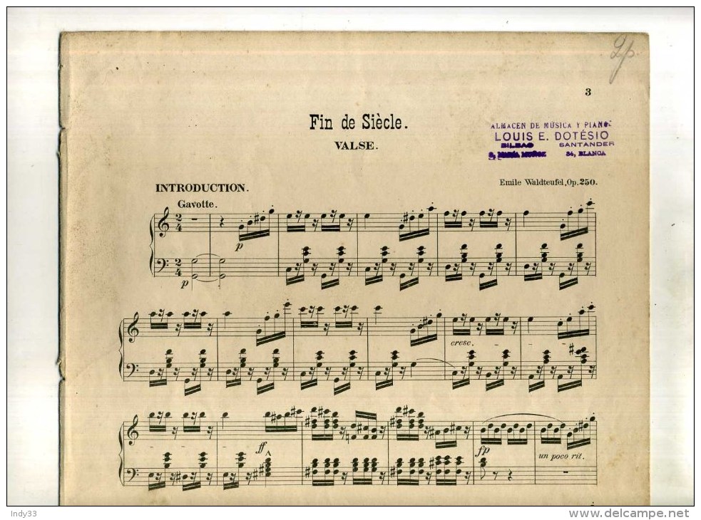 - PARTITION MUSICALE . FIN DE SIECLE (valse) . PAR E. WALDTEUFEL . 1892 . - V-Z