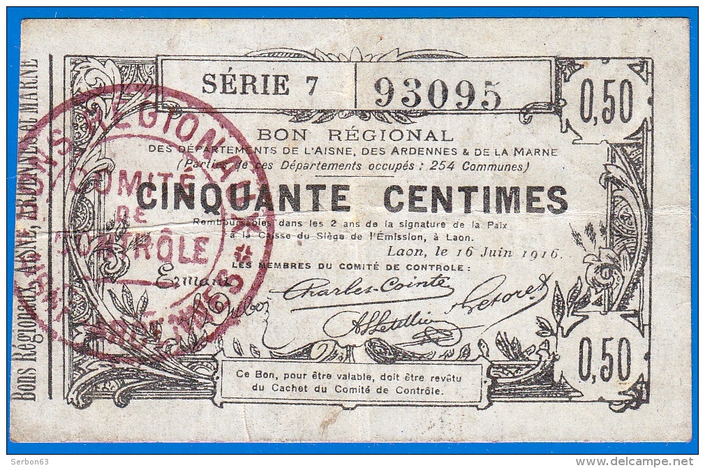 BON - BILLET - MONNAIE BON REGIONAL 50 CENTIMES DEPARTEMENTS OCCUPES 254 COMMUNES OCCUPEES 02 AISNE 08 ARDENNE ET 51 MAR - Bons & Nécessité