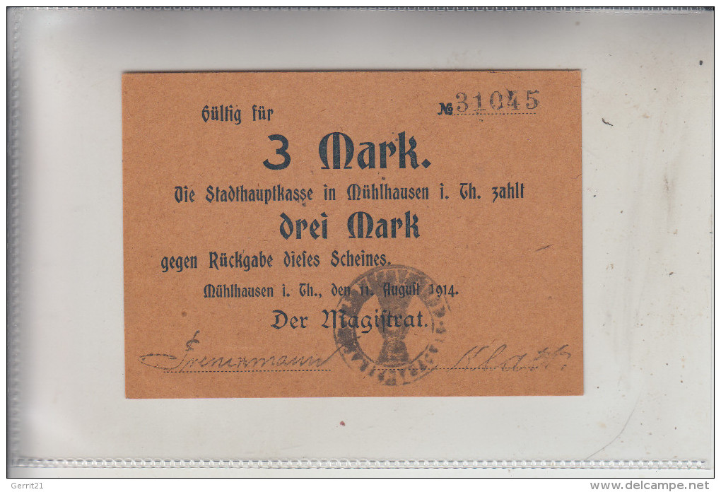 NOTGELD - MÜHLHAUSEN / Thüringen, 3 Mark, 1914, Erhaltung I - [11] Emissioni Locali