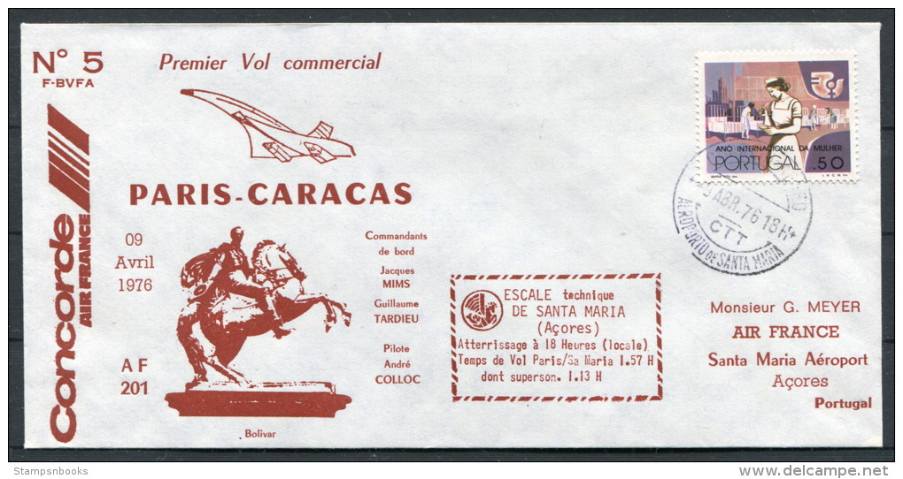 1976 Portugal Air France Concorde 5 First Flight Cover Paris - Caracas - Concorde