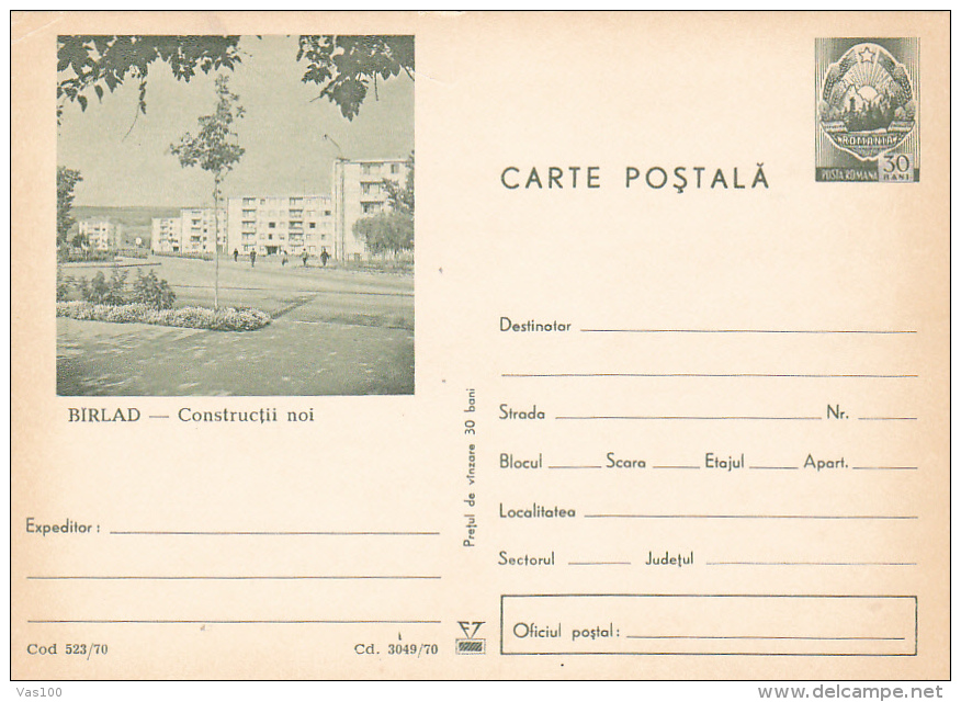 BARLAD, NEW CONSTRUCTIONS, STATIONERY POSTCARD, ROMANIA, CODE 523/70 - Storia Postale