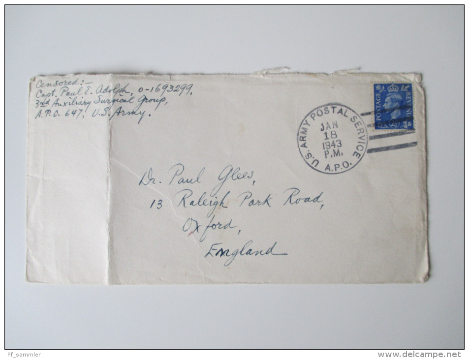 Letter US Army Postal Service 1943 A.P.O. Censored Capt. Paul E. Adolph A.P.O. 647 To Oxford. Envelope: Camp Kilmer - Briefe U. Dokumente