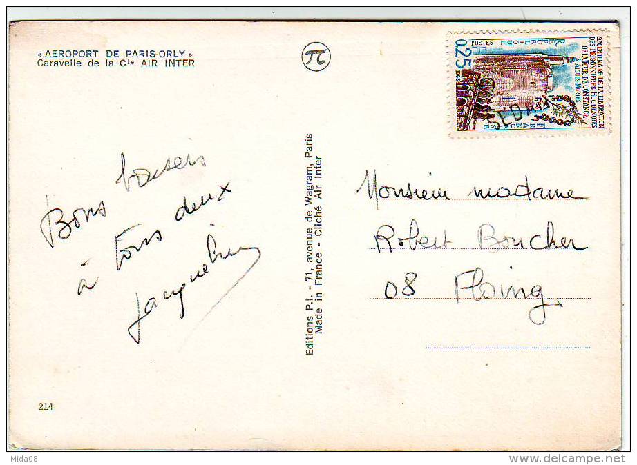 AERODROME . AEROPORT DE PARIS ORLY . AVION .CARAVELLE DE LA Cie AIR INTER. Griffe D'annulation Du Courrier De SEDAN - Aerodrome