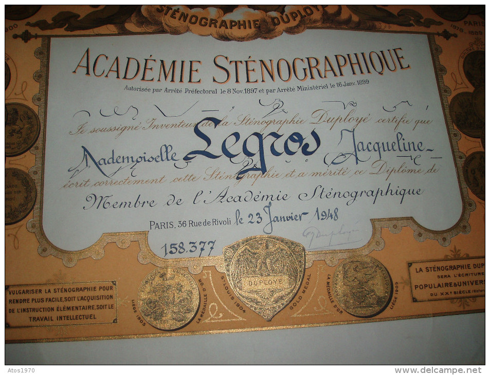 BEAU DIPLOME ACADEMIE STENOGRAPHIQUE DUPLOYE DE 1948 PARIS. / N°158377 / EDITIONS NELLE / DIMENSION 50,4CM X 34CM ENV. - Diploma's En Schoolrapporten