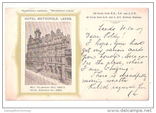 LEEDS HOTEL METROPOLE ADVERT ADVERTISING POSTCARD 1907 FOR RAILWAY LINES GN  L &Y LNW - Autres & Non Classés