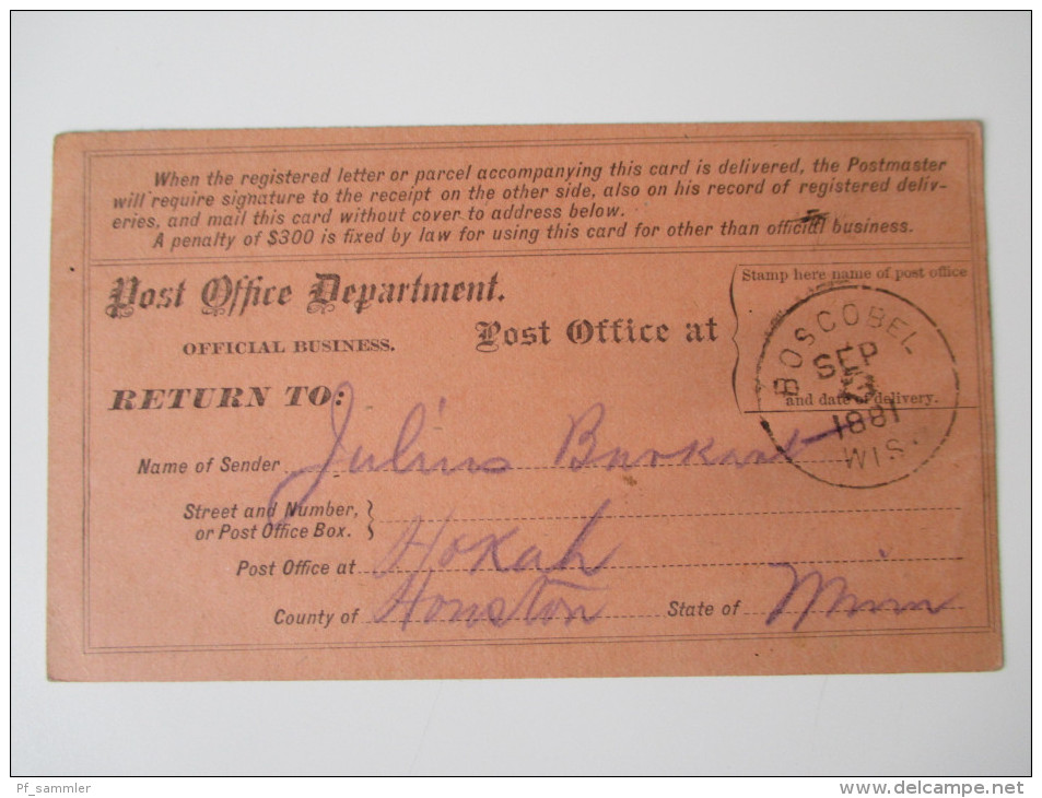 Post Office Department / Official Business For A Registered Letter. 1881 Boscobel Wisconsin. Registry Return Receipt - Dienstzegels