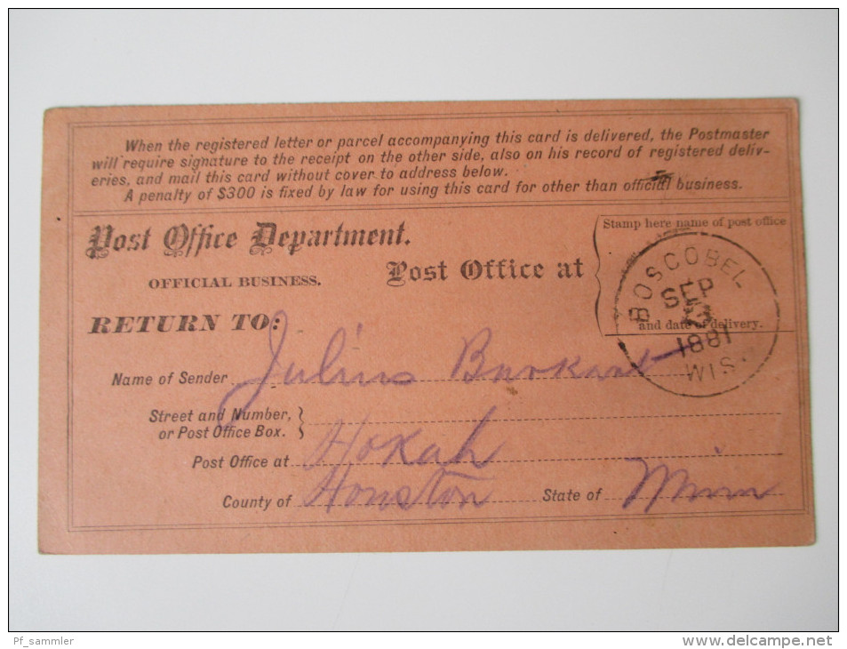 Post Office Department / Official Business For A Registered Letter. 1881 Boscobel Wisconsin. Registry Return Receipt - Service