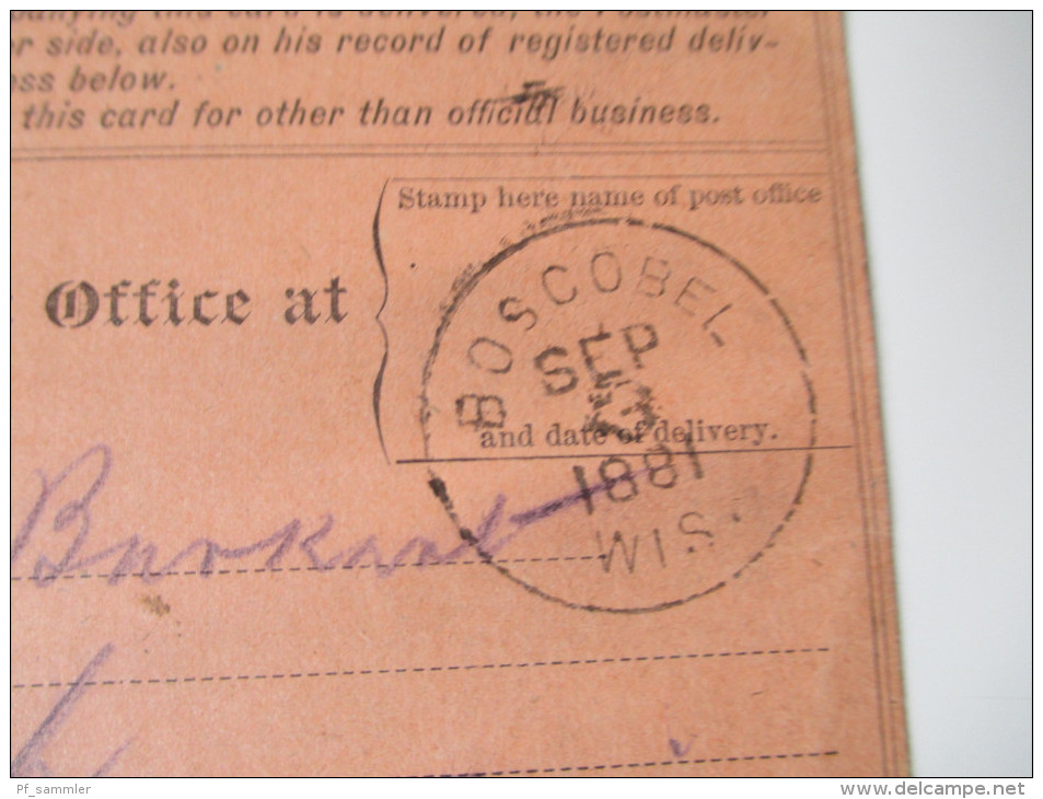 Post Office Department / Official Business For A Registered Letter. 1881 Boscobel Wisconsin. Registry Return Receipt - Servizio