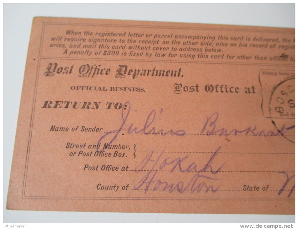 Post Office Department / Official Business For A Registered Letter. 1881 Boscobel Wisconsin. Registry Return Receipt - Dienstmarken