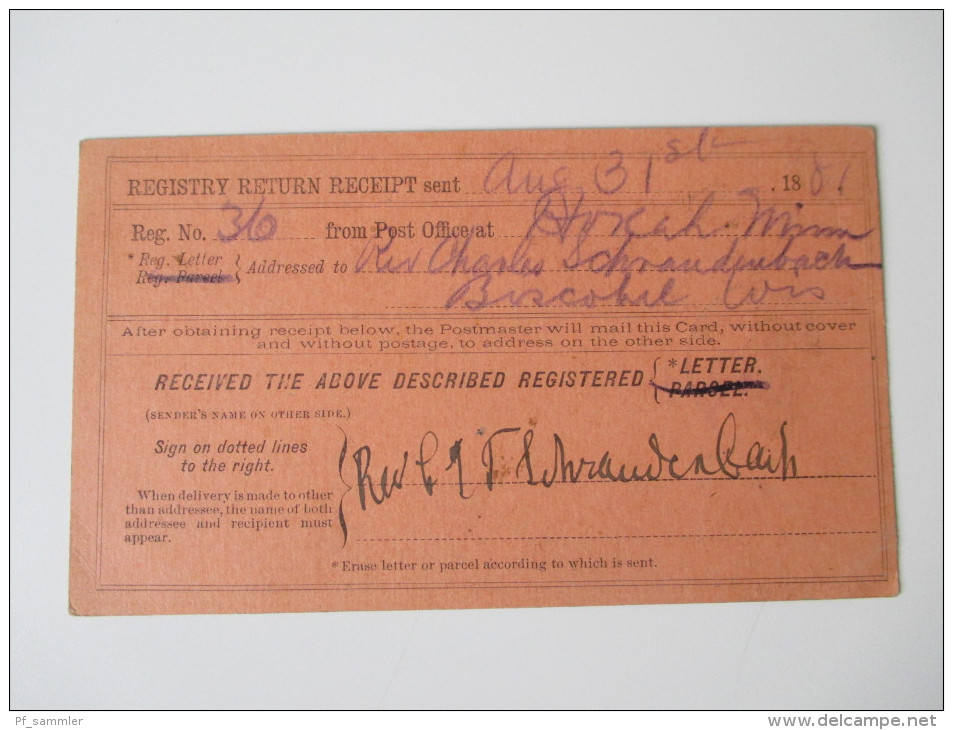 Post Office Department / Official Business For A Registered Letter. 1881 Boscobel Wisconsin. Registry Return Receipt - Servizio